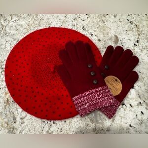 Red Studded Beret with Knit Cuff Gloves